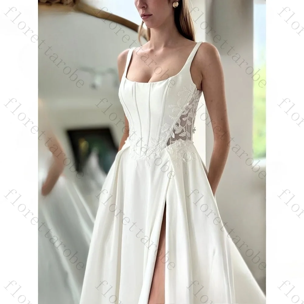 Customized 2026 New Elegant A Line Satin Wedding Dresses Exquisite Lace Appliques Square Neckline Side Slit Fashion Bridal Dress