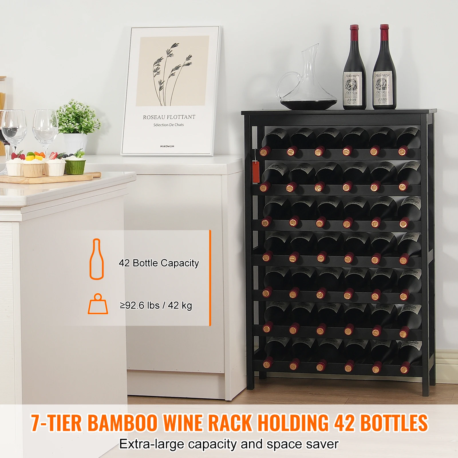 SucceBuy 42 Bottle Modular Wine Rack Solid Bamboo Wood Storage Racks with Table Top Floor Freestanding Wine Holder Display Shelf image 2