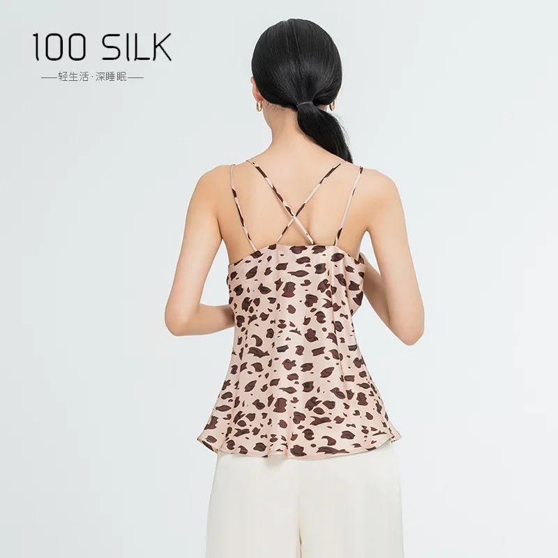 BirdTree, 19MM 100%Real Silk Elegant Sling, Women Sleeveless Leopard Print, Basics Thin Tank Tops, 2024 Summer Autumn T479114QC