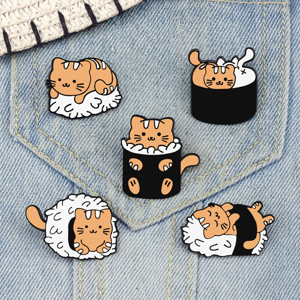 Funny Cat Sushi Seaweed Enamel Brooch Pins Cartoon Animal Shaped Japanese Cuisine Badges Cute Kitties Jewelry Gift for Girl Kids