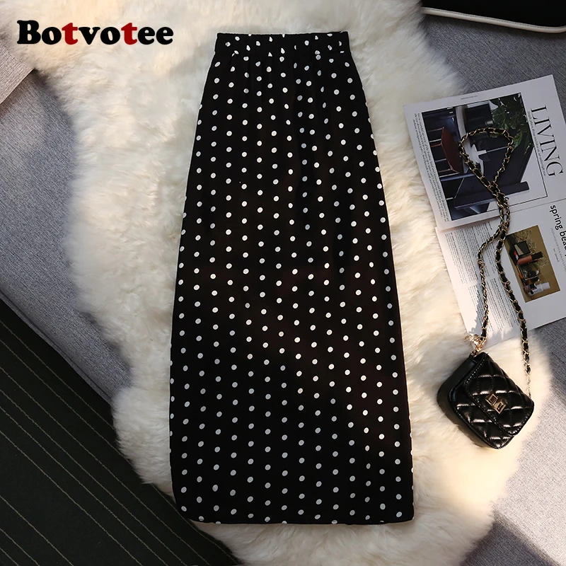 Botvotee Sexy Vintage Pokal Dot Print Trumpet Midi Skirt for Women Back Elastic Band Side Split Ruffles Long Black Skirt