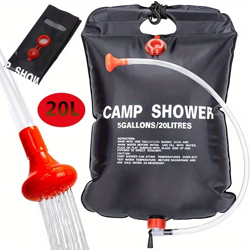 5.28-gallon portable camping shower kit with detachable hose and a switch shower head, perfect for outdoor camping and travel