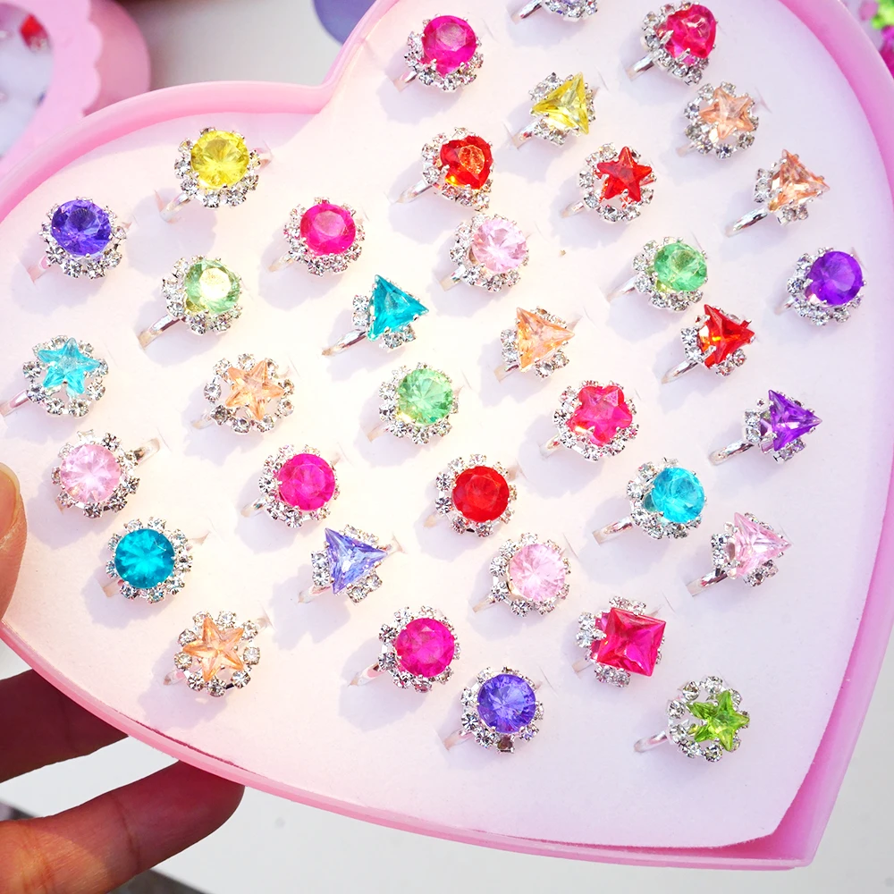 36Pcs Little Girl Cute Alloy Rings Flower Crown Finger Ring Child Pretend Play Dress Up Rings With Display Box For Birthday Gift