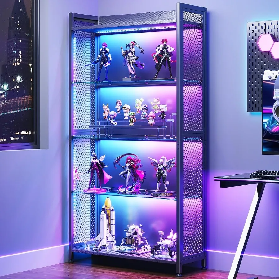 Display Case with Glass Shelves, RGB Light 4-Tier Display Cabinet