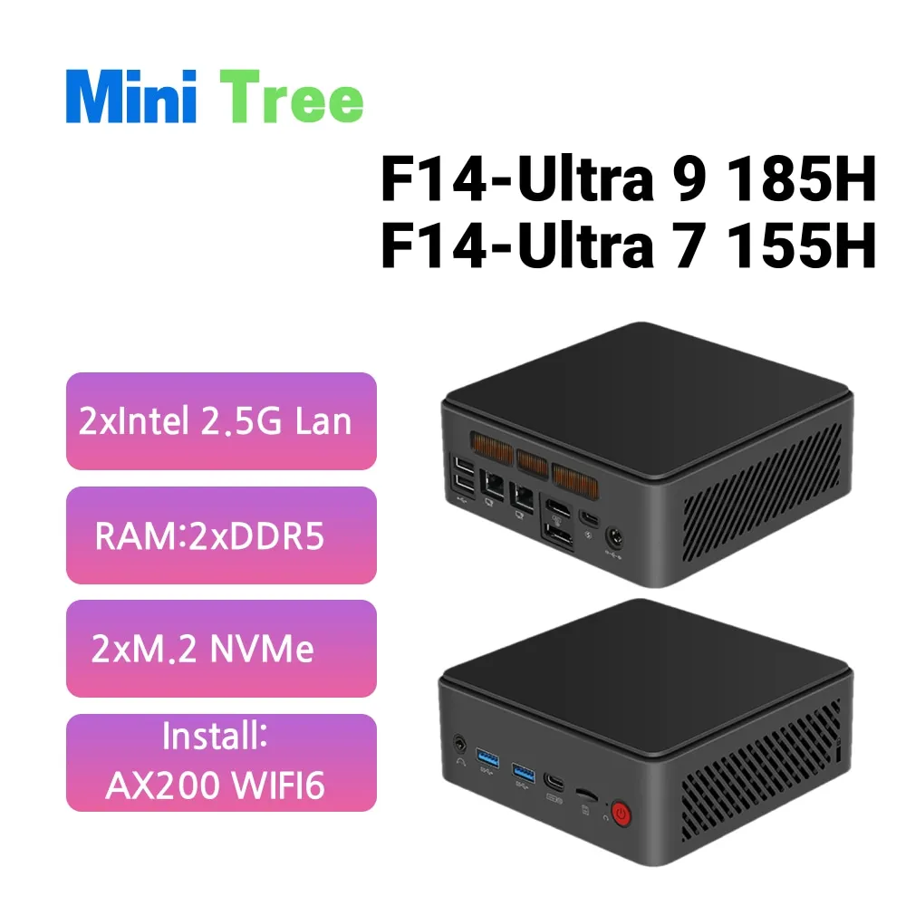 14Th Office Mini PC Ultra 9 185H 16Cores DDR5 Windows 11 Dual 2.5G Lan silent fan Desktop Mini Computer for Home Gaming design