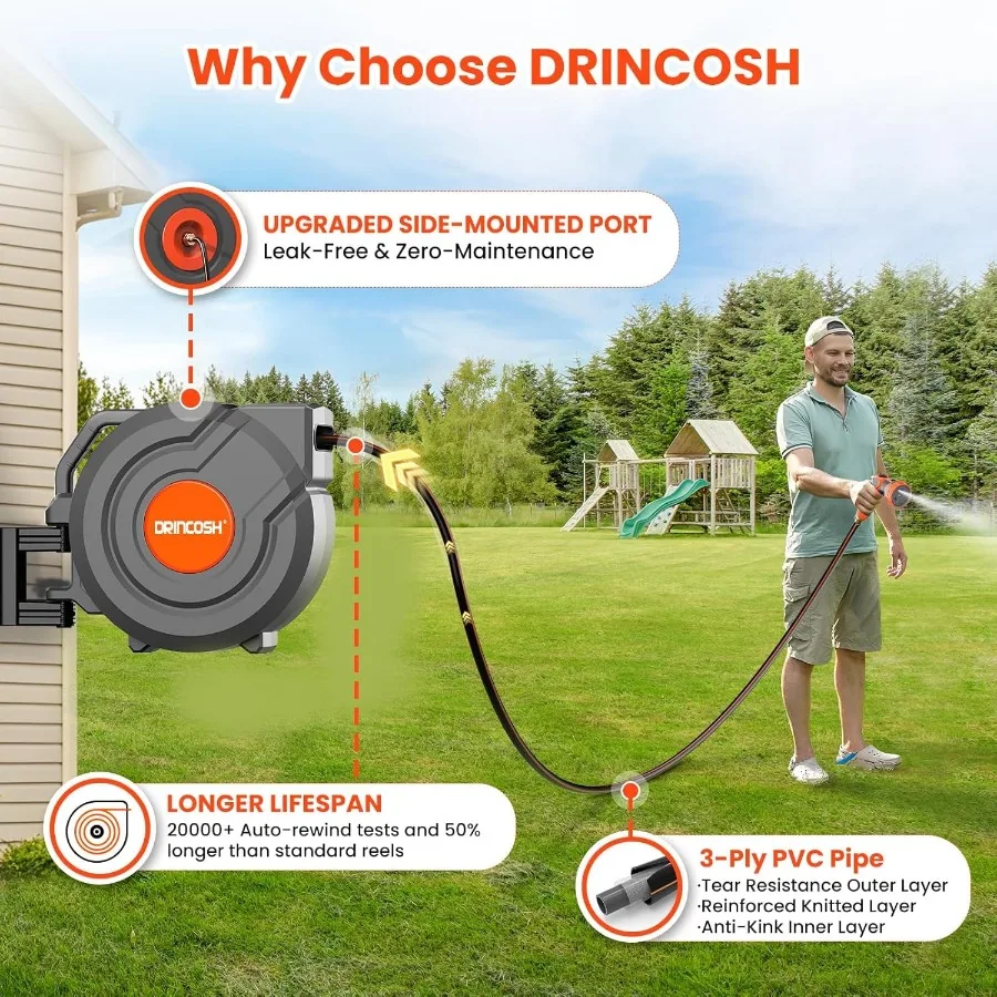 3세대 자동 감김식 정원 호스 130피트 x 1/2인치 헤비듀티 벽걸이형 호스릴 (야외용, 180도 회전 자동 슬로트 기능 포함)