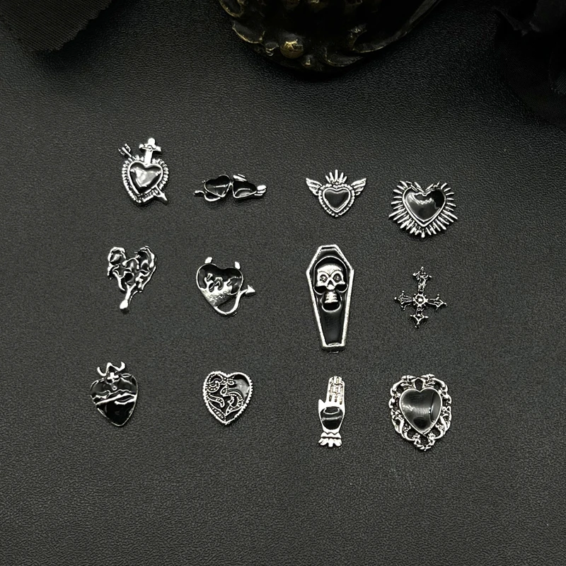 10Pcs 3D Retro Black Skull Devil Heart Nail Charms Goth Cross Palm Halloween Style Nail Art Accessories for DIY Cool Nails