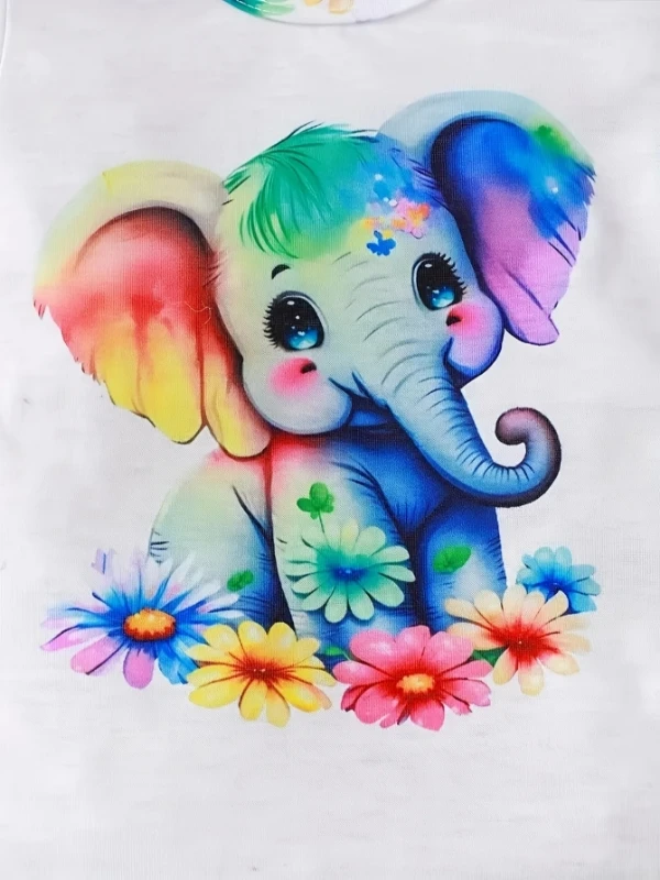 طقم ملابس للأطفال حديثي الولادة مكون من 3 قطع: بدلة على شكل فيل بألوان مائية + شورت مزين بالزهور + عصابة رأس على شكل فيونكة - ملابس ربيعية/صيفية لطيفة