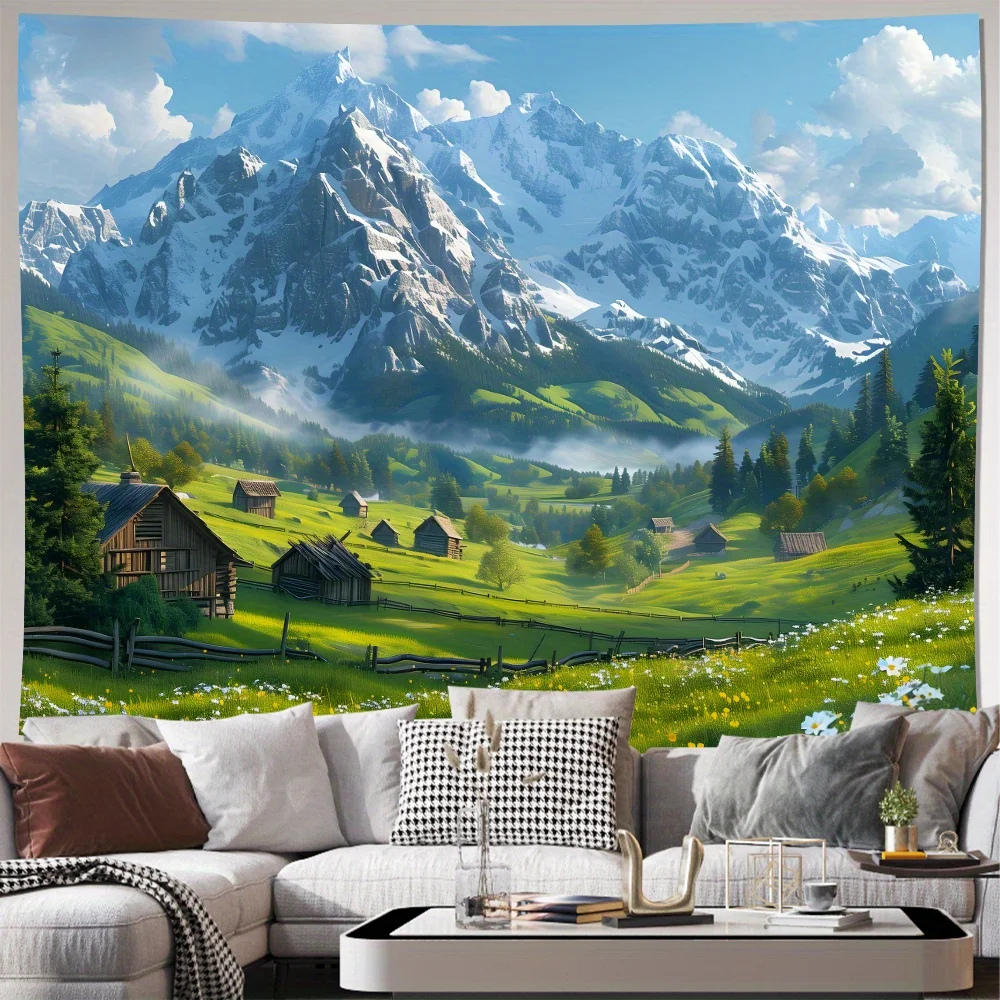 Massive Mountain Valley Landscape Tapestry Wall Hanging Realistic Alpine Nature Decor Rustic Cabin Mural Art for Living Room