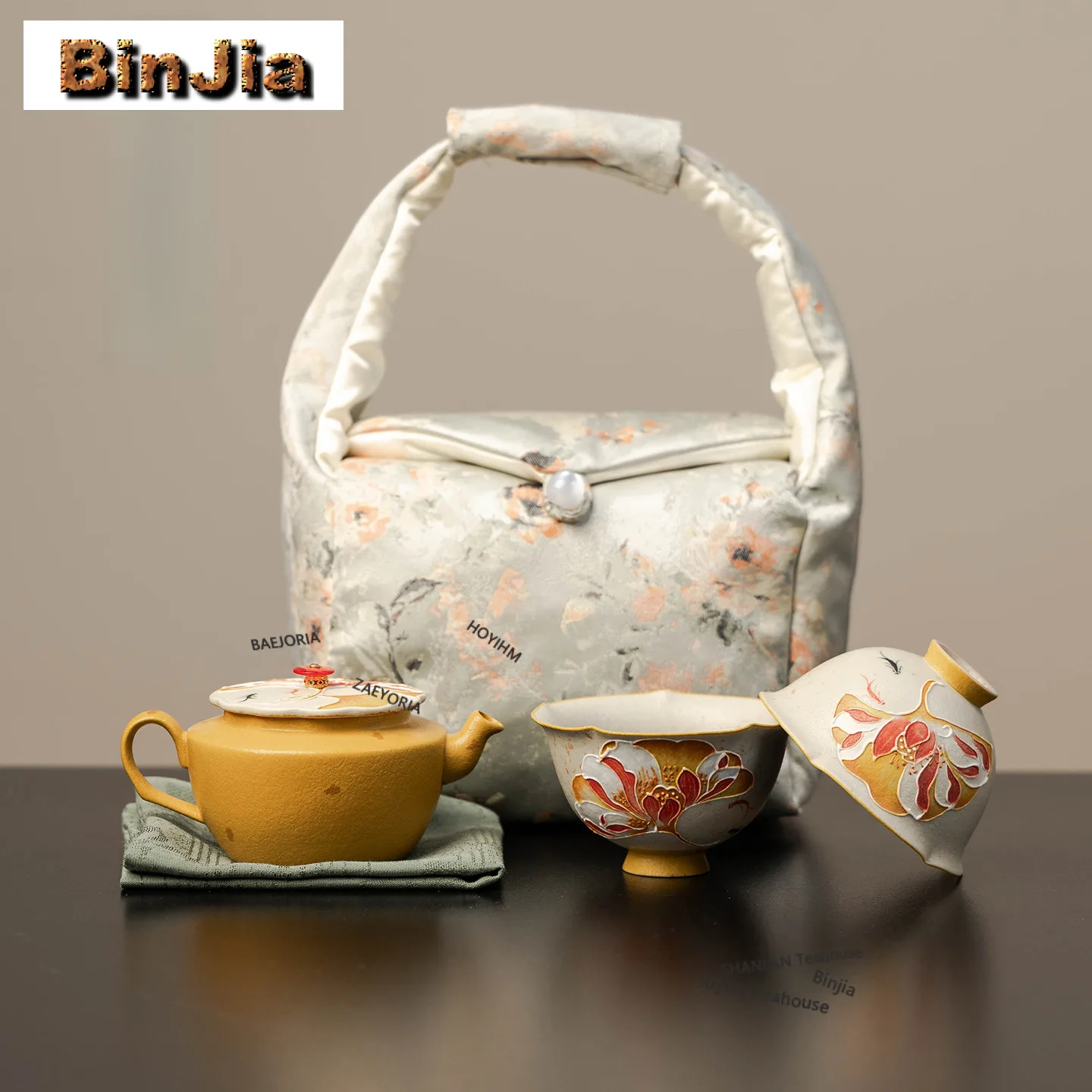 Hand-painted Ginkgo Travel Tea Set Kit Ancient 1 Pot 3 Cups Household Tea Making Organizer Portable Outdoor Tote Bag Supplies