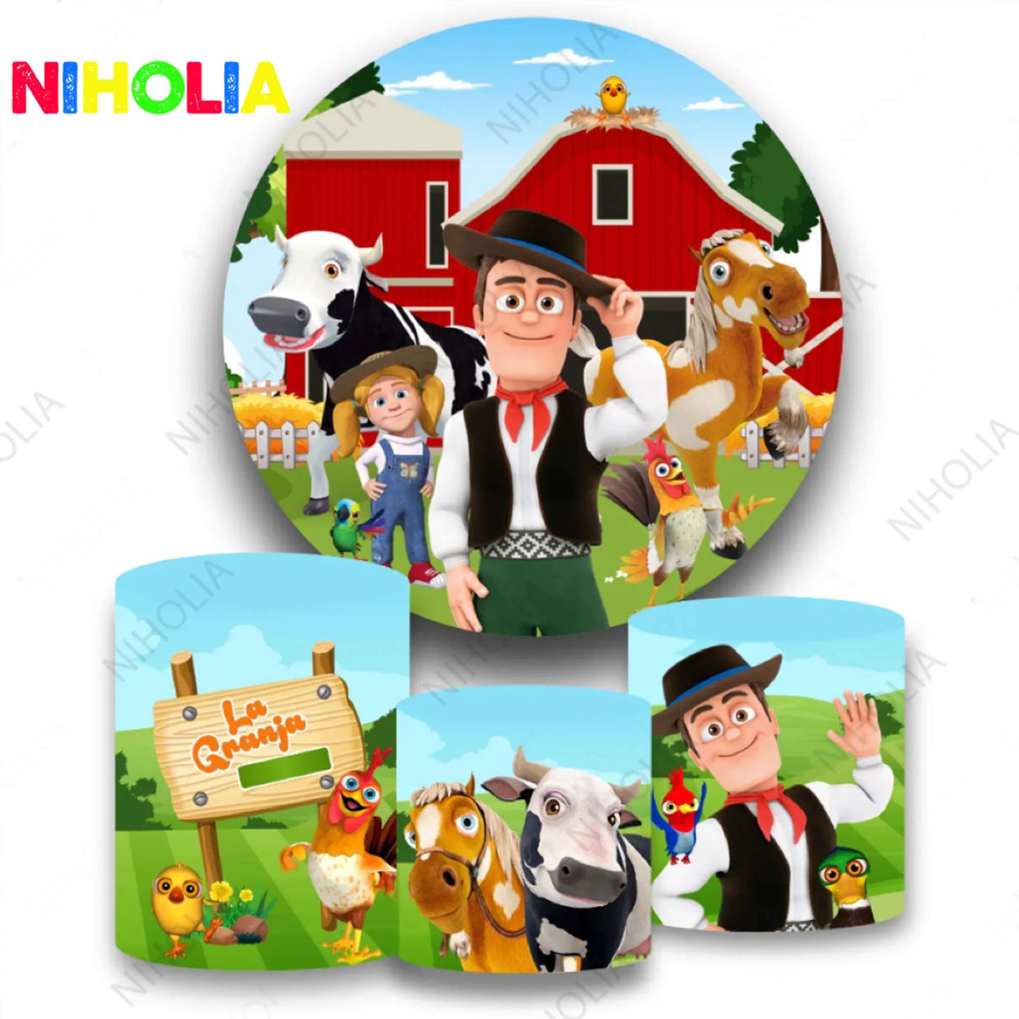 Niholia La Granja de Zenón Round Photo Backdrop Kids Baby Shower Decoration Birthday Party Cylinder Covers Photography Props