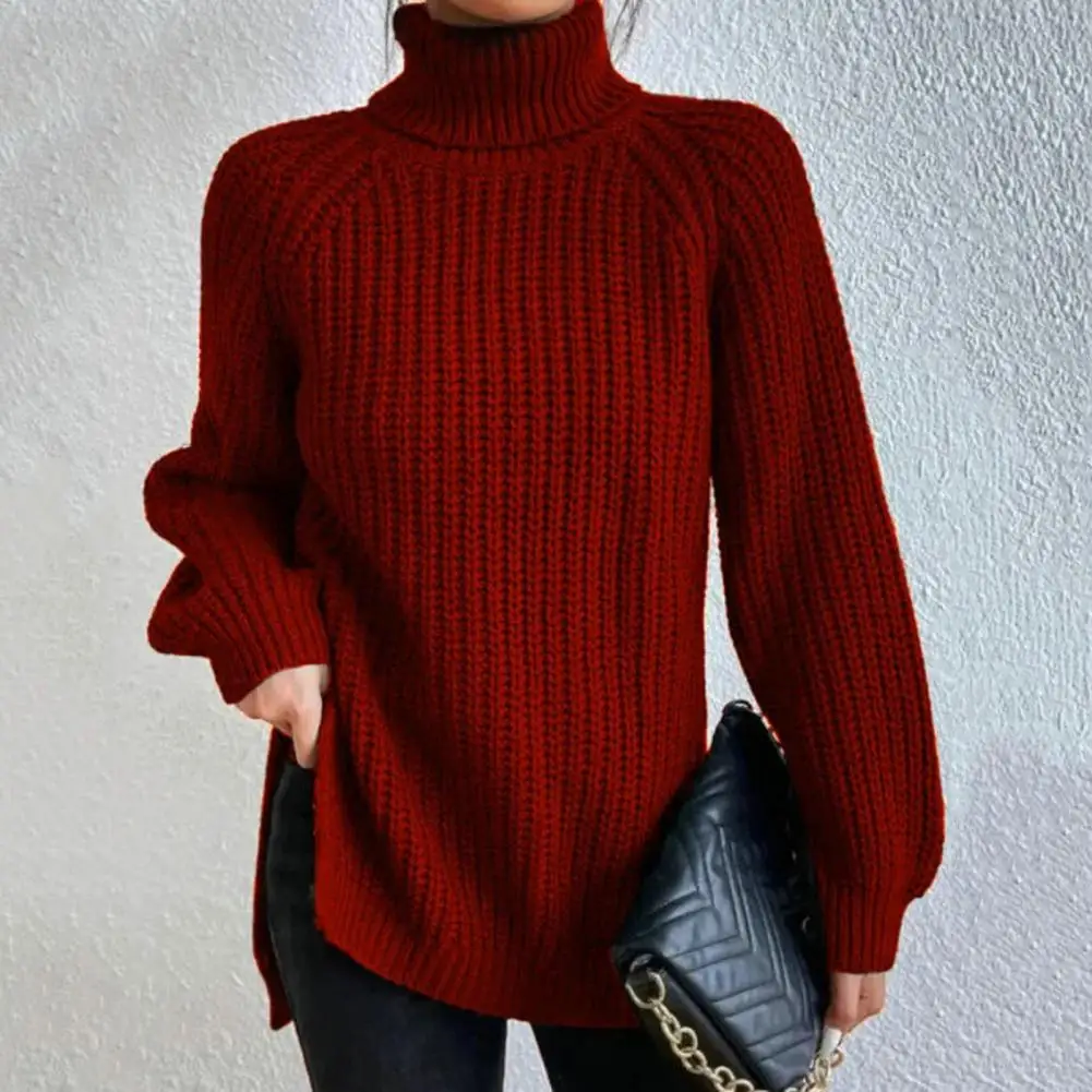 Women Sweater Turtleneck Raglan Long Sleeves Side Split Hem Women Sweater Jumper Winter Solid Color Loose Warm Sweater Jumper