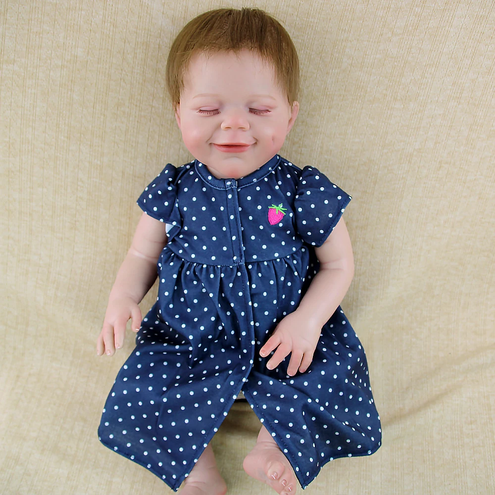 18 Inch Smiling Face Reborn Baby Doll, Soft Vinyl Material, Blue Polka Dot Dress, Exquisite Facial Features & Collectors