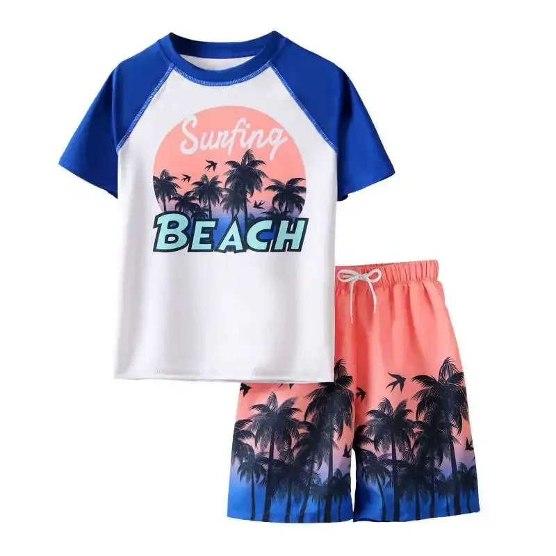 

Children Summer Beachwear Boys Print Short Sleeves Top And Short Pants Kids Two Piece Sportwear UV Protection Swim Bathing Suit