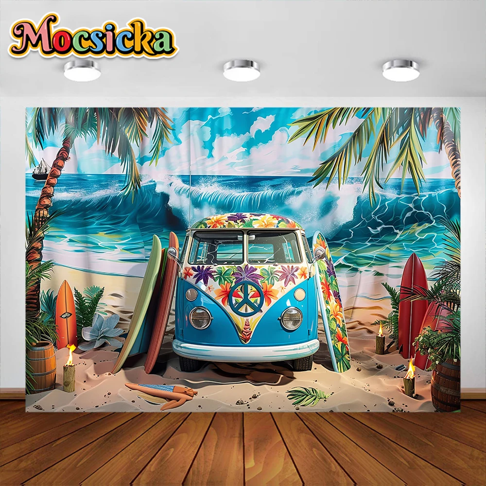 Cartoon Car Hawaii Beach Background Cake Smash Baby Shower decorazione per feste ritratto per bambini fondali per foto Studio puntelli Banner