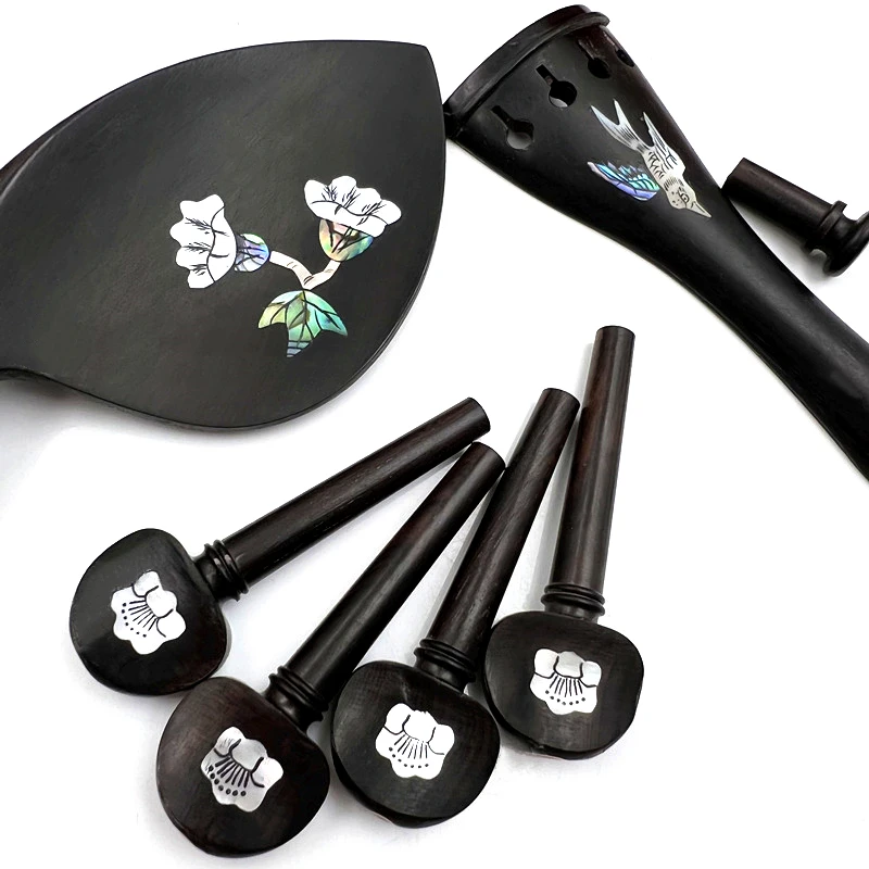 1 set 4/4 violin ebony accessories parts fittings,Inlaid pattern Tailpiece+Tuning pegs+Endpins+Chin rest/Chin Holder+Fingerboard