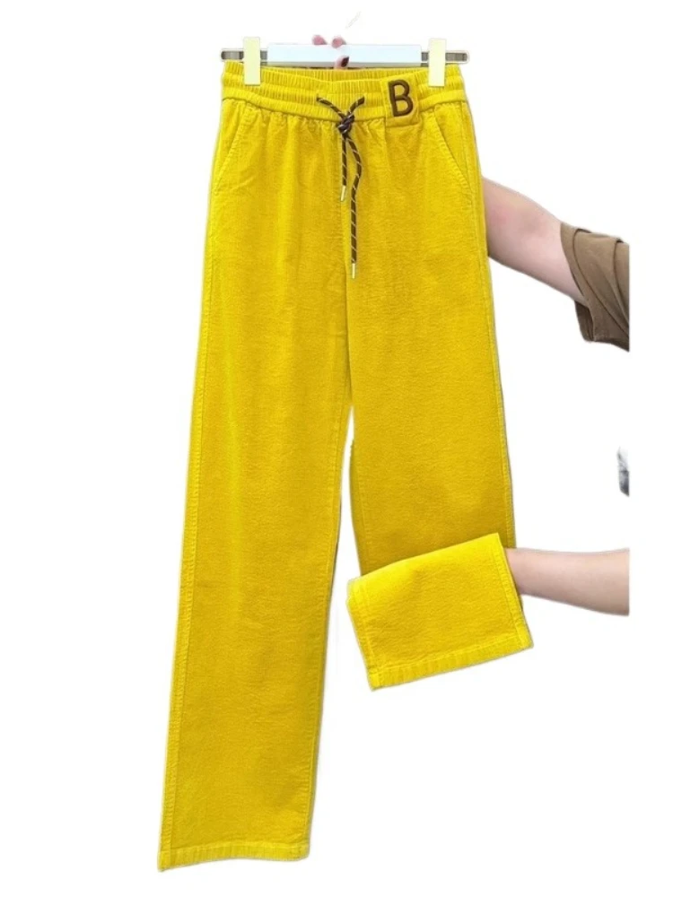 Zimowe sztruksowe spodnie z szerokimi nogawkami damskie nowe luźne sznurowane proste spodnie dresowe modne Y2k wielokolorowe spodnie z wysokim stanem plus size