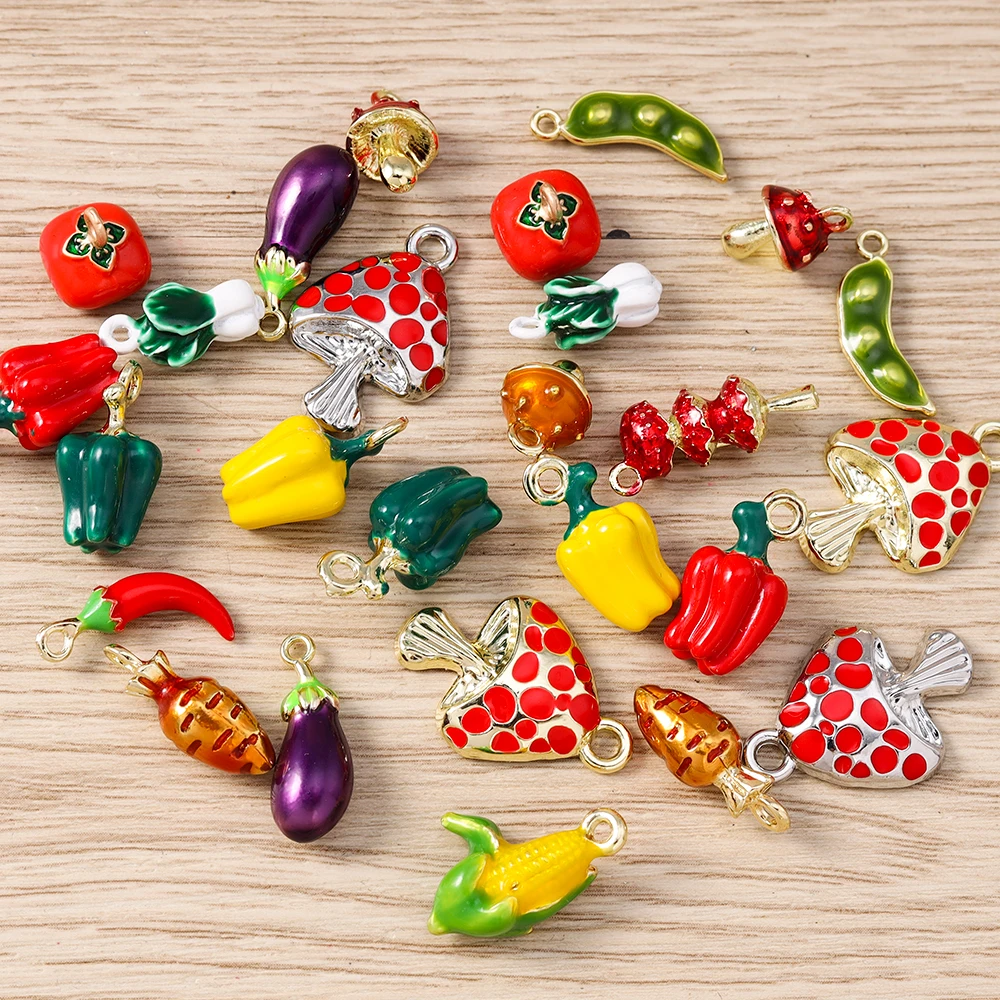 Tusember 5pcs Enamel Vegetables Pendants Mushroom Carrot Eggplant Corn Pepper Charms Beads Fit Original Bracelet DIY Jewelry