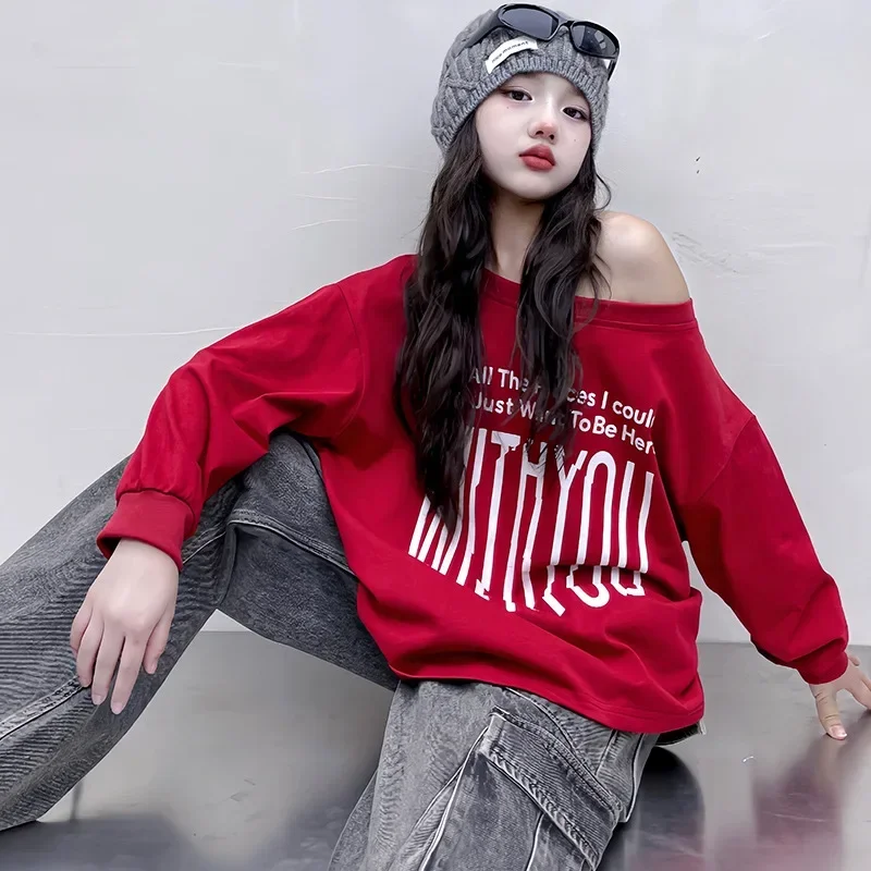 

Girls' Long Sleeved T-shirt 2025 Spring and Autumn New Style Children's Letter Printed Slanted Shoulder Double Sided Cool Top