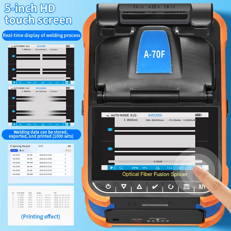 A-70F ستة محركات انصهار الألياف البصرية جهاز الربط SM MM 10 لغات شاشة تعمل باللمس الألياف البصرية آلة لحام الأساسية المدمج في VFL OPM