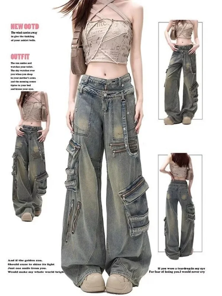 American style large pocket irregular ribbon wide leg jeans women's high street washed new men's loose street clothes floor pant