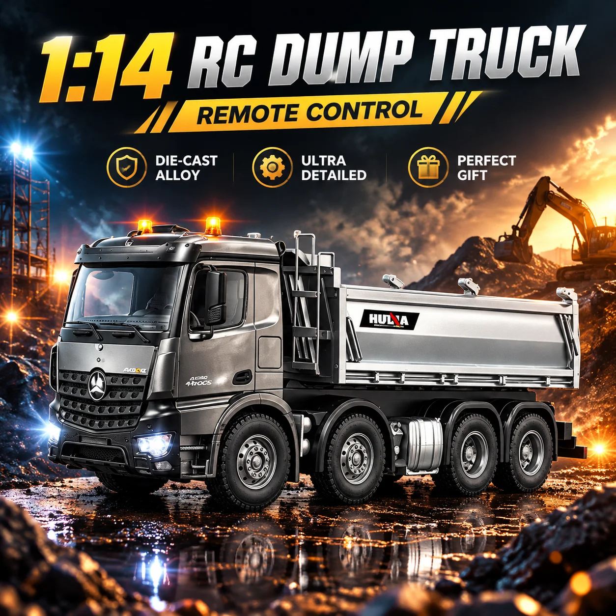 Hunai 536pro Extra Large Alloy Bucket Remote Control Heavy-Duty Octagonal Dump Truck Toy Full Proportional Engineering Dump Truc