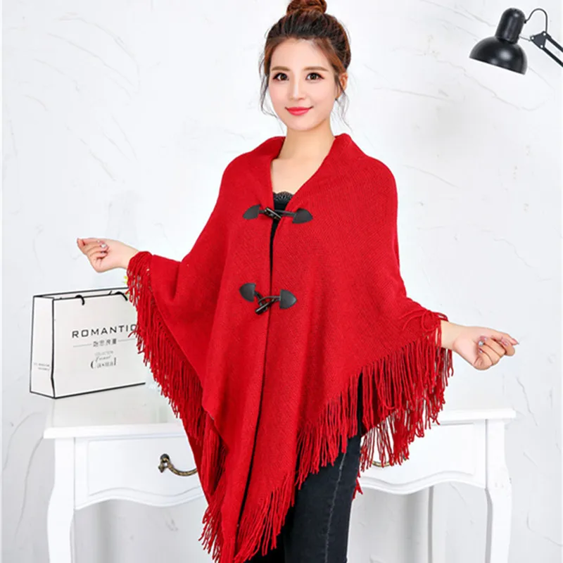 Spring Autumn New Style Shawl Cape Tassel Ox Horn Buckle Solid Color Irregular Double-Layer Tassel Cloak Shawl Sunscreen Beige