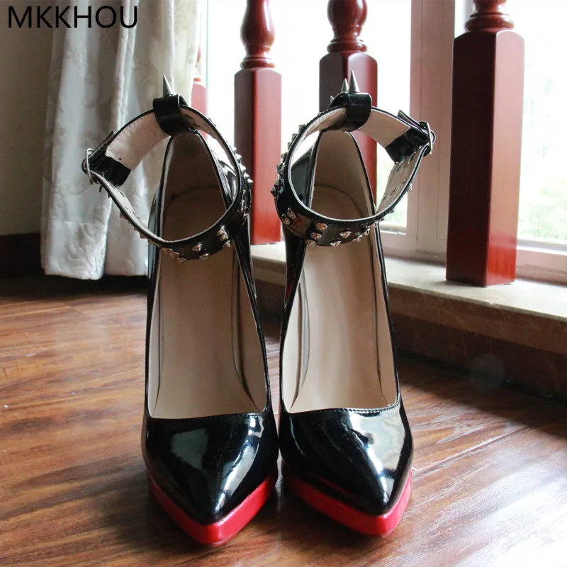 MKKHOU Fashion Pumps New Pointed Toe Stiletto 16cm High Heel Shoes Ankle Buckle Strap Rivet Punk Style Modern Women Shoes