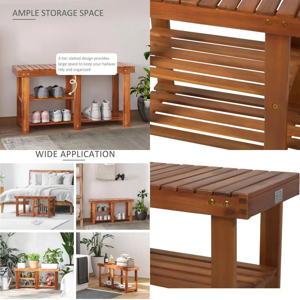 

3-х уровневая полка для обуви из дерева акации, органайзер для хранения в деревенском стиле для прихожей, прихожей, гостиной с отделкой из тикового дерева