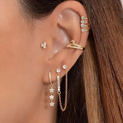 New Arrival Stainless Steel Chain Tassel Star Hanging Earring Double Ear Studs Zircon Punk Earring Ear Clip Piercing Jewelry