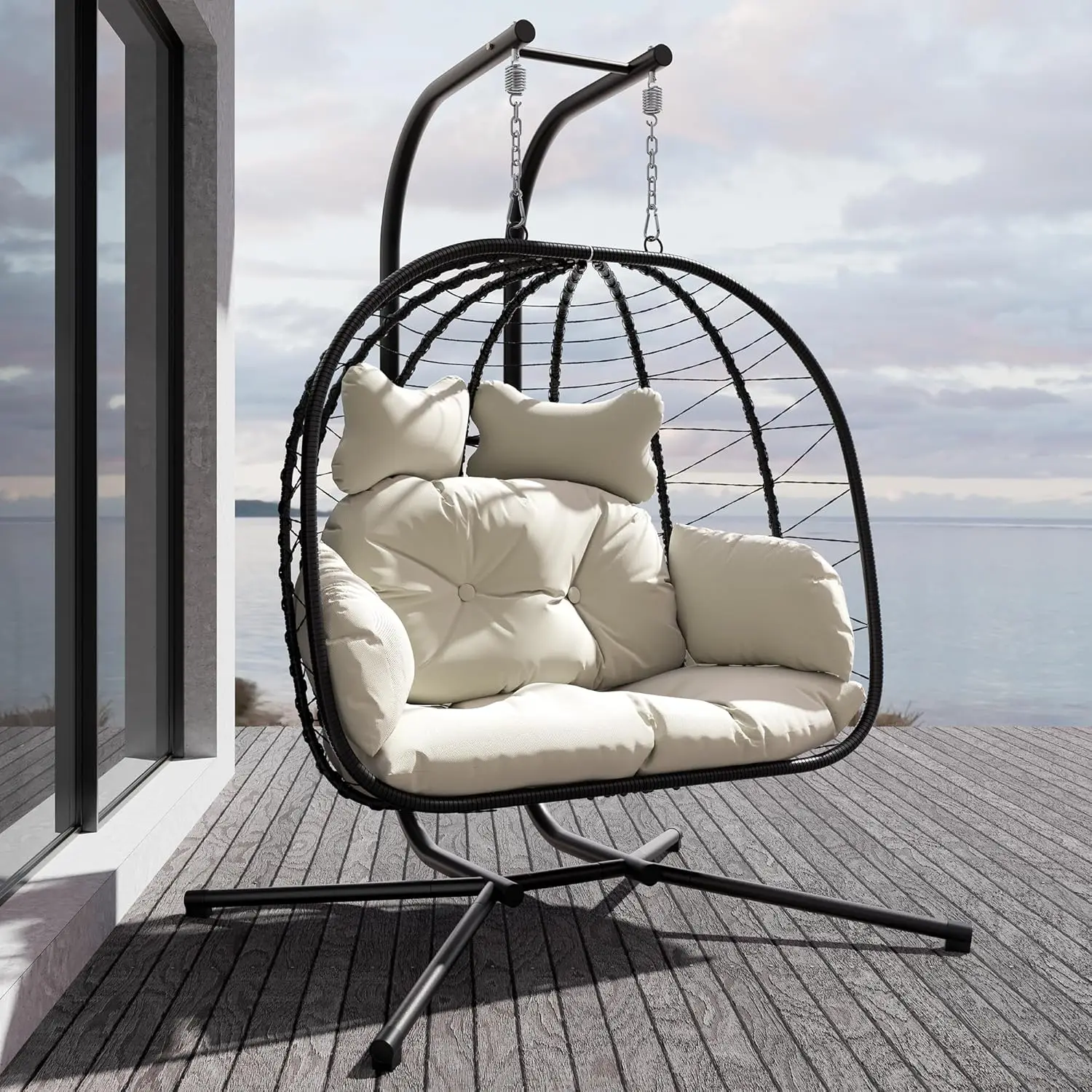 

Double Indoor/Outdoor Wicker Swing Egg Chair Hammock Foldable Hanging Loveseat w/ Stand,UV Resistant Cushions for Bedroom Garden