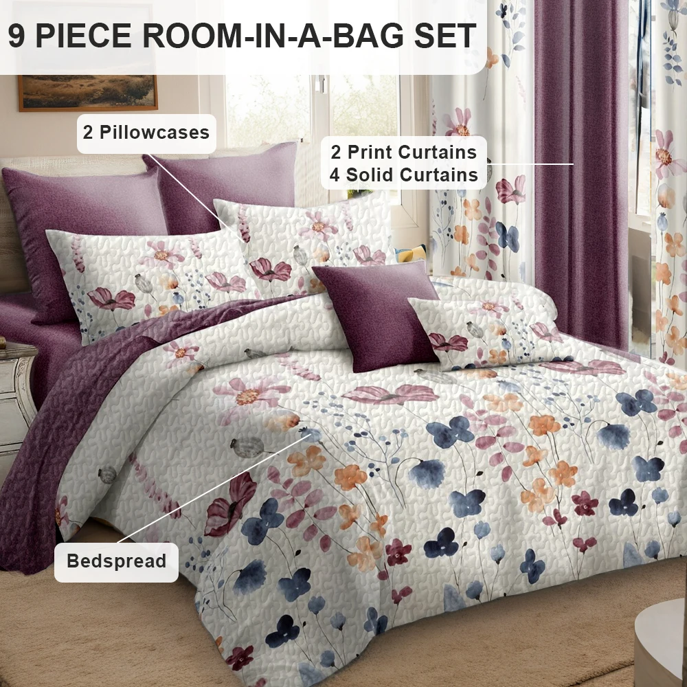 

Purple Romantic Floral 9Pcs Bedding Set 1 Super Fiber Bedspread 2 Printed 4 Solid Curtains 2 Pillowcases Bedroom Home Decor