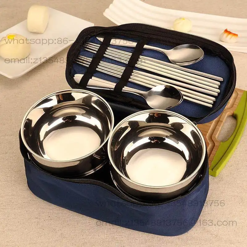 Outdoor travel portable tableware bowl chopsticks spoon three-piece set one person stainless steel bowl bag