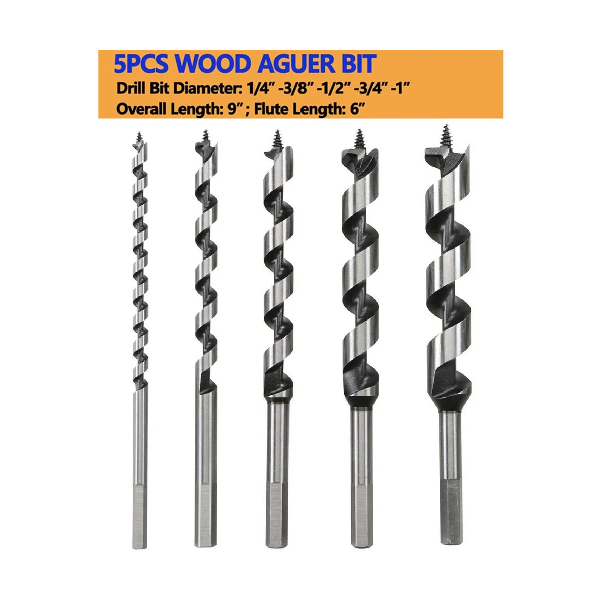 5Pcs Wood Drill Bit 9inch Length Screw Point Hex- Drill Deep Hole in Woodworking Cutter