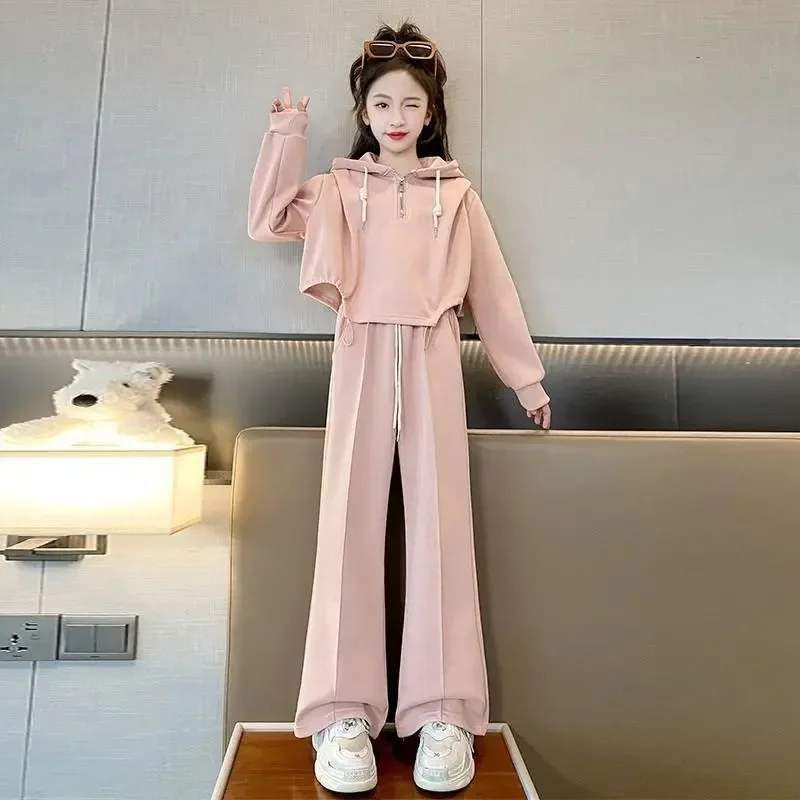 2024 new autumn winter Teens Clothes Children Set batwing Crop Top sweatshirt hooded + straight Pant Suit Korea USA 8 10 12 year