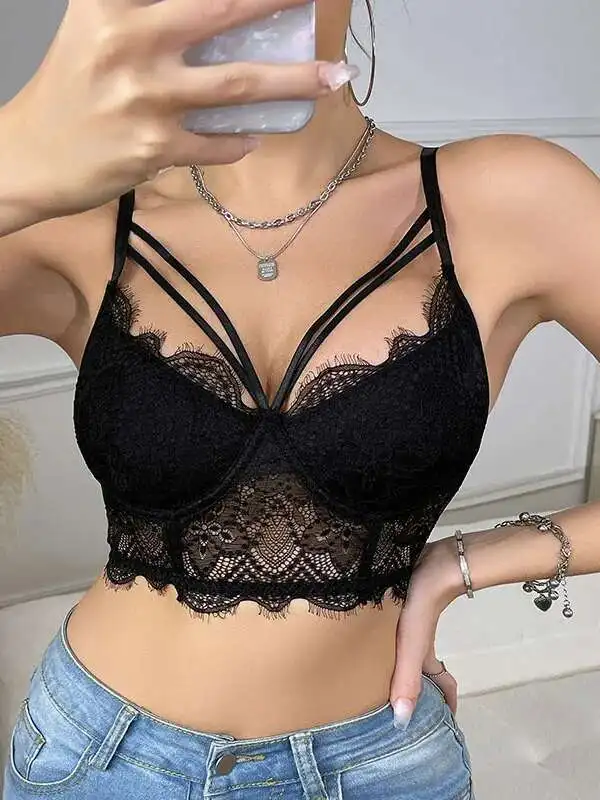 مثير الدانتيل شبكة شفافة زهرة التطريز Vset الساحرة أنيقة عارية الذراعين العميق الخامس الحمالات سترة دون أكمام الرغبة النقية UF1C #2