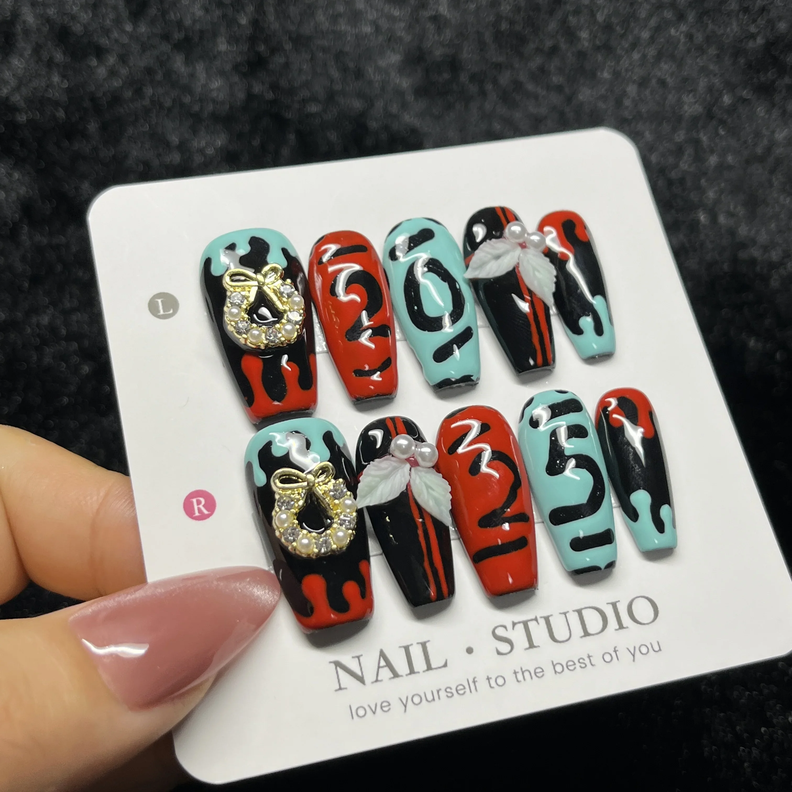 10PCS Colorful Star False Nails with Medium Square Y2K Kawaii Press on Nails Rhinestone Metallic Glitter Bright Handmade Nails