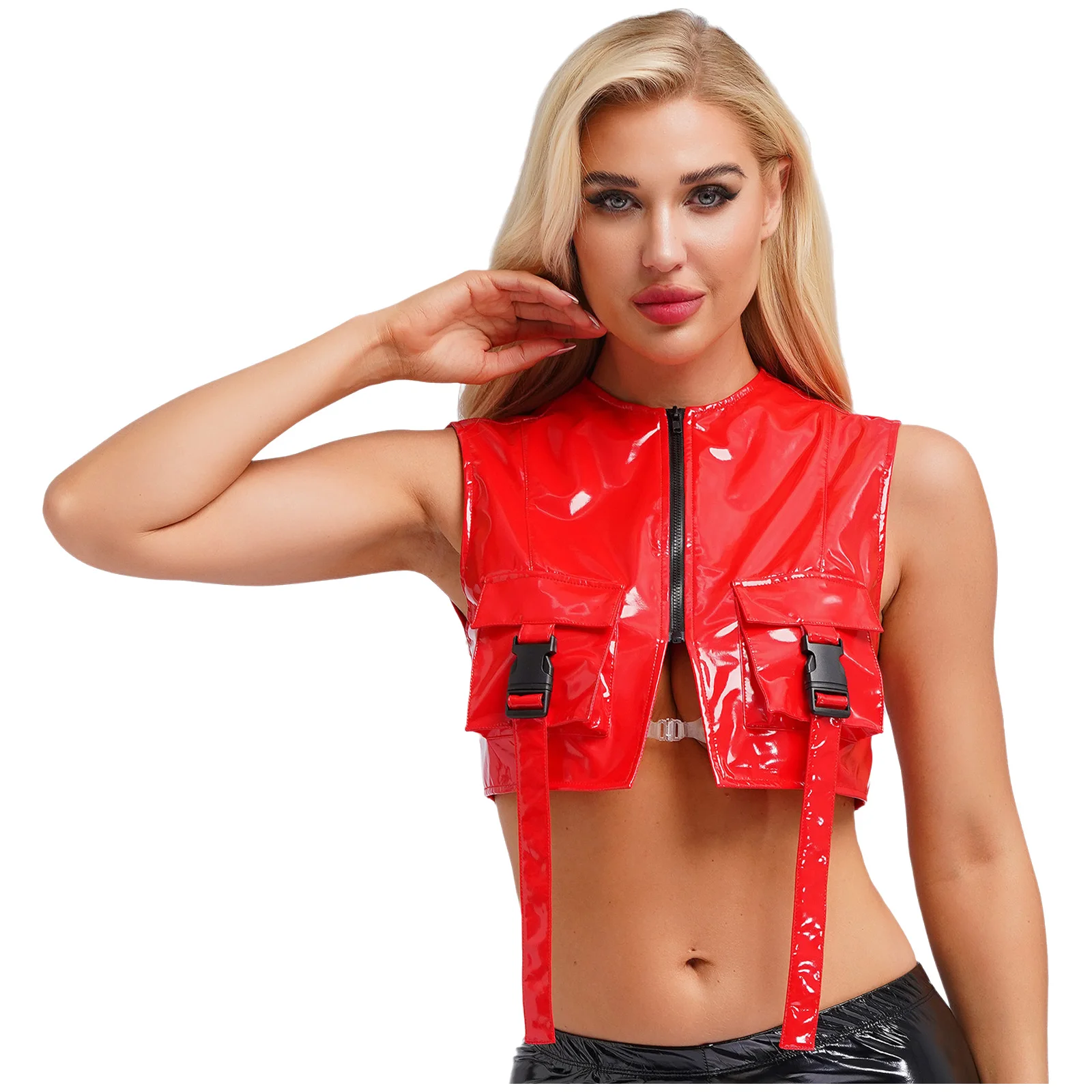 Sexy Punk Women Wet Look Zipper Crop Top Buckle Zip Up Jacket Cargo Tops with Pockets Top Coat Vest Tank Tops