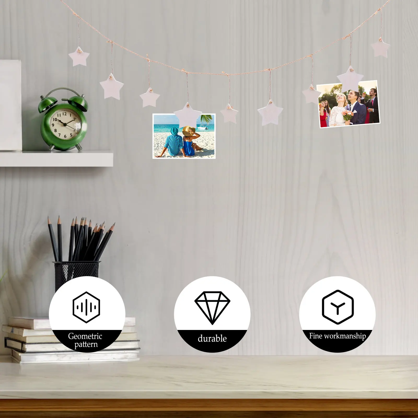 1Set Stars Memo Clips Banner Wooden Photo Clips Hemp Rope DIY Wall Photo Garland for Living Room Kitchen Office Party Decoration
