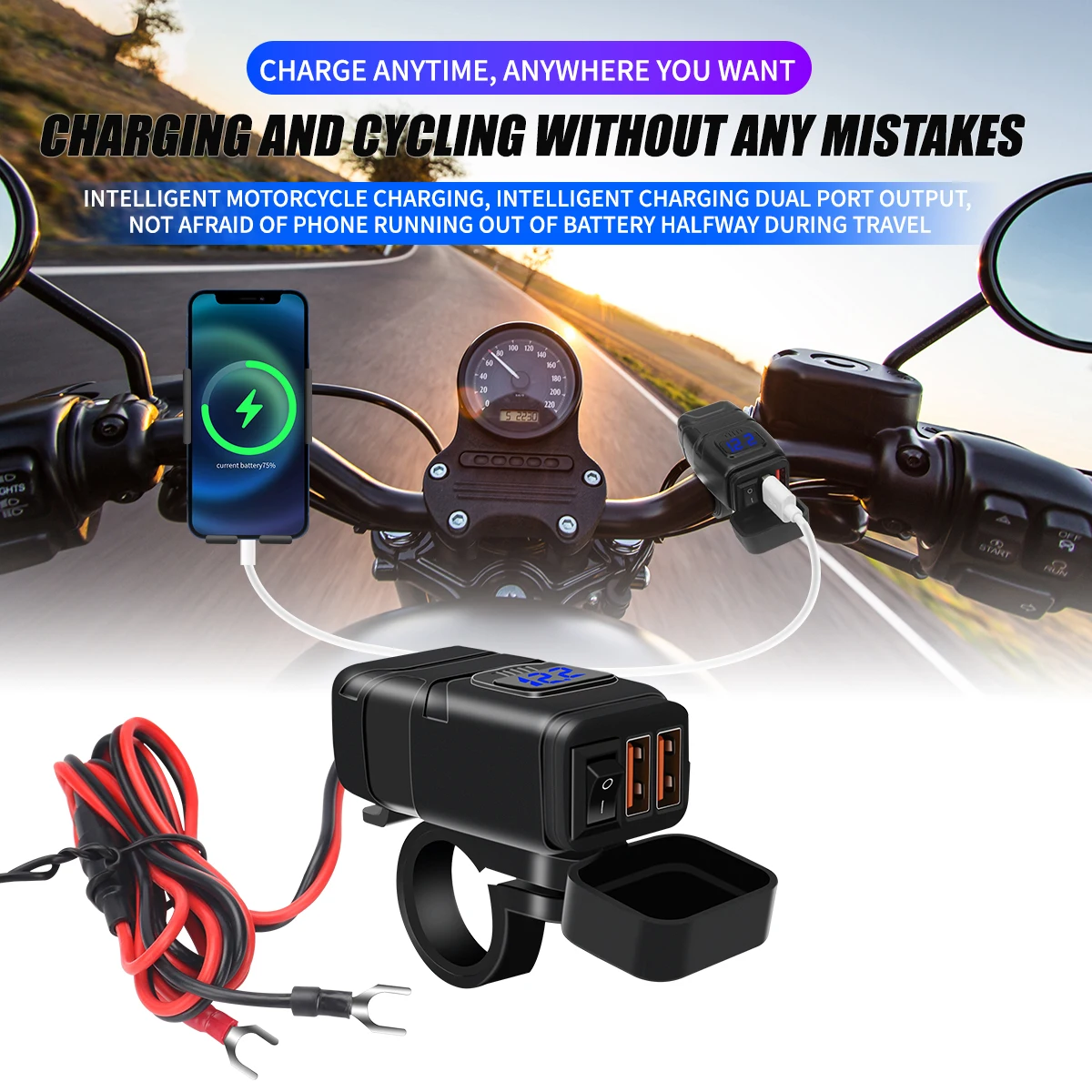 

Зарядное устройство для мотоциклетного руля с быстрой зарядкой 3.0, двумя USB-портами, вольтметром и выключателем, USB-разъем, адаптер питания для зарядки телефона