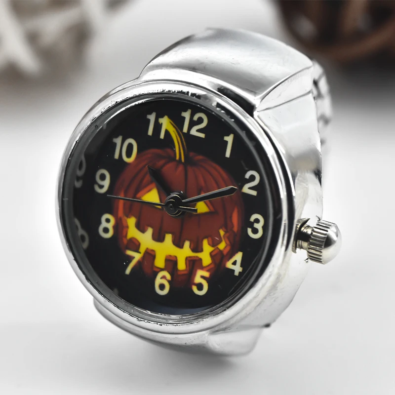 Creative Pumpkin Ghost Literal Personality Quartz Ring Watch Alloy Round Dial Unisex Christmas Gift Fun Watch