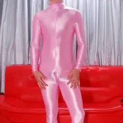 Glossy Sexy See Through Mens Shiny Jumpsuit Zentai Lingerie Long Sleeve Zipper Tight Fitness Playsuit Costume