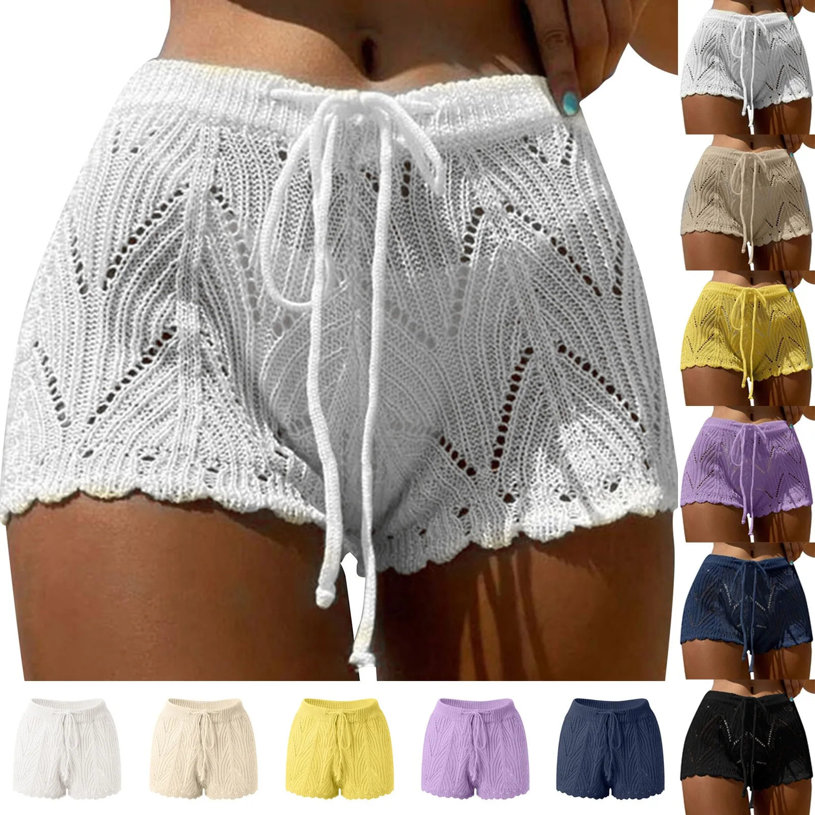 Pantalones cortos de playa para mujer, Shorts de punto ahuecados, parte inferior de Bikini, ropa de playa unicolor, 2024