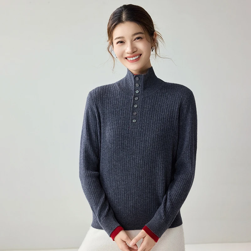 Autumn Winter 100% Premium Cashmere Stand Collar Half Button Placket Vertical Ribbed Color Block Knit Pullover Luxe Minimal