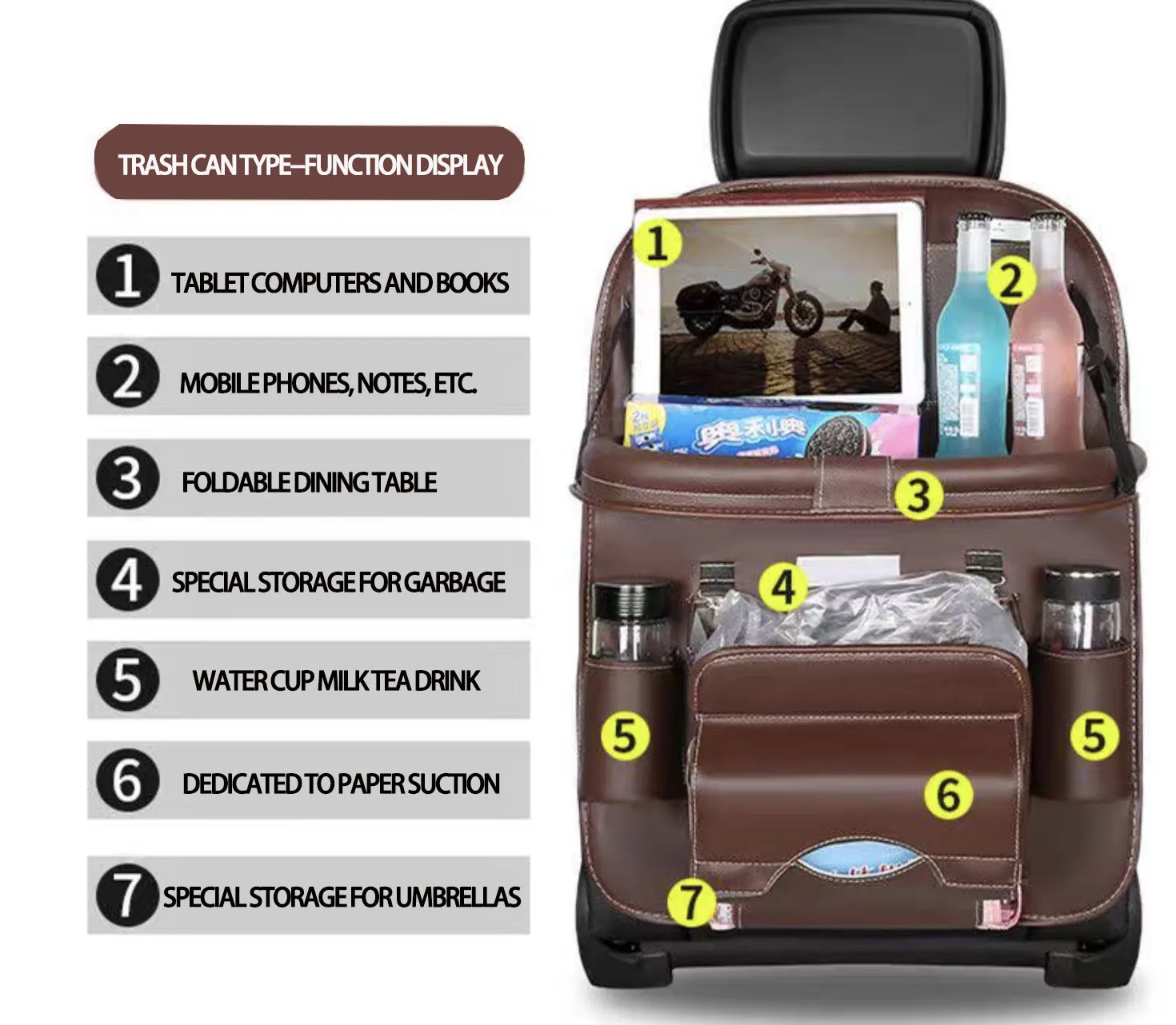 منظم خلفي لمقعد السيارة متعدد الوظائف مع سلة المهملات وجيوب التخزين وحماية الركل