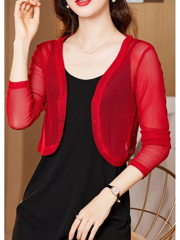 Women Thin Mesh Cardigans Lady Summer Transparent Shawl Female Long Sleeve Short Coat Outwear