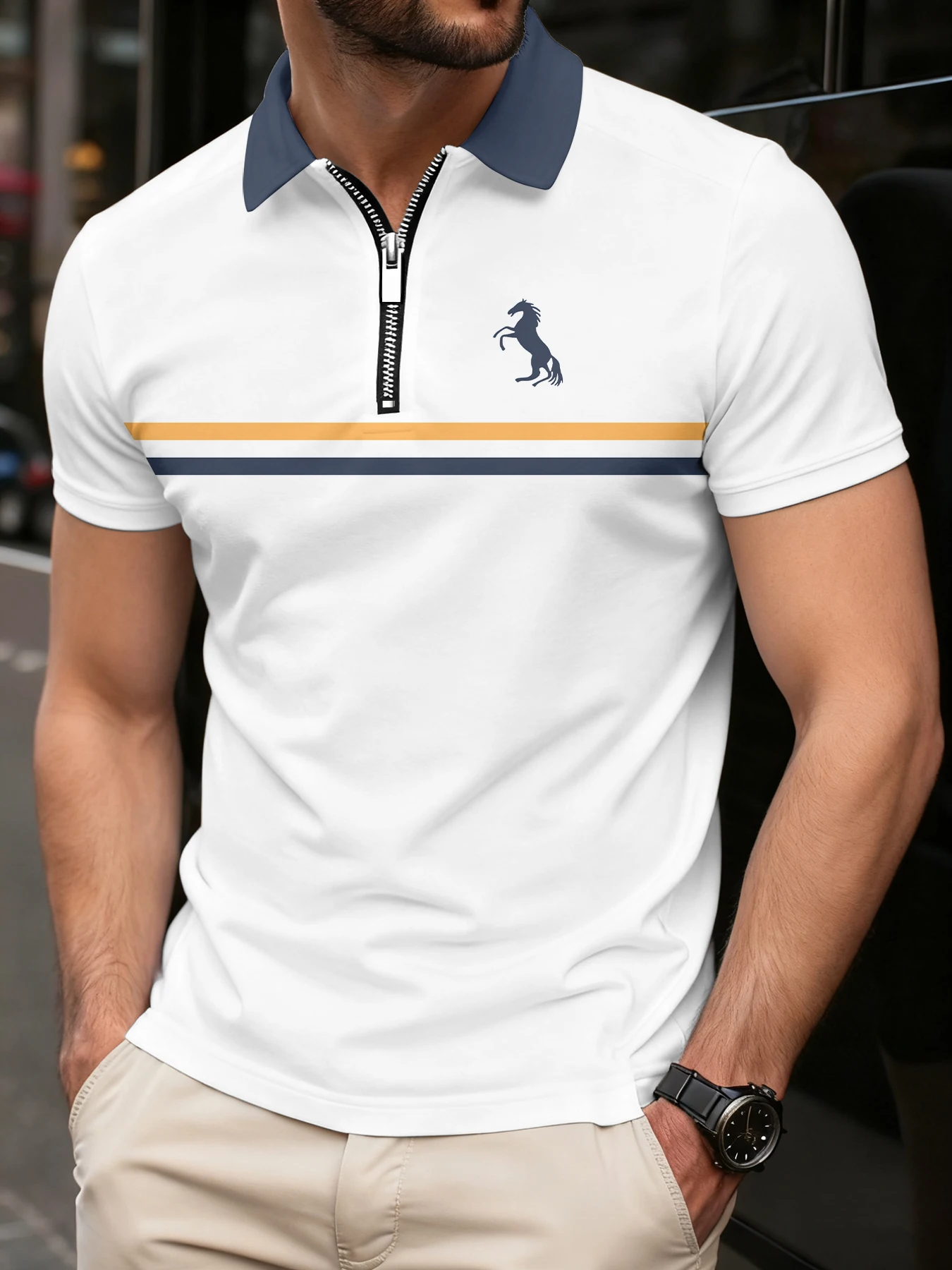 

Мужская рубашка поло, летняя уличная одежда Boss Printe, гольф с коротким рукавом, деловая повседневная рубашка-поло на молнии, спортивная одежда, мужская одежда для мужчин