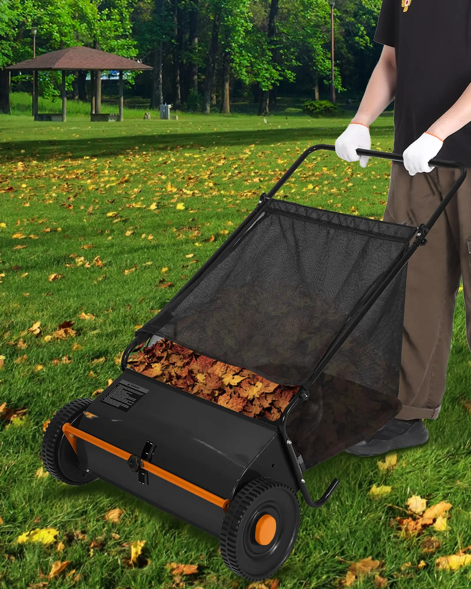 Manual Push Lawn Sweeper, 26 in Walk-Behind Yard Leaf & Grass Sweeper, Adjustable Height, Heavy-Duty Steel Frame, Rubber Wheels, 4 Spinning Brushes, 7 Cu ft Collector