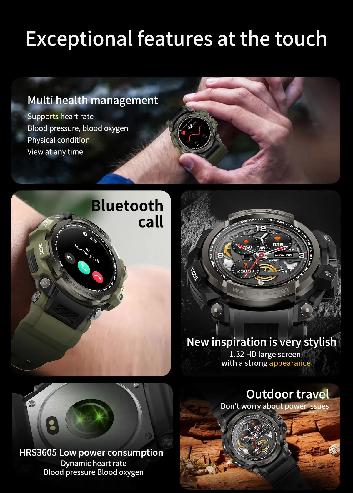 Comunicação Bluetooth do smartwatch dos esportes militares, smartwatch impermeável resistente e durável, rastreador de fitness da frequência cardíaca