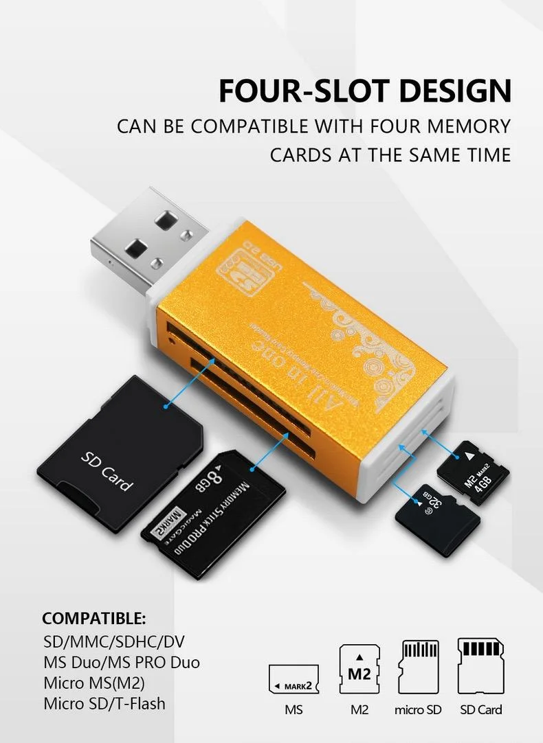 Pembaca Kartu Alloy 4 Port USB2.0 Micro SD TF M2 MS Pro Duo MMC SDHC DV Adaptor Kartu Memori untuk Ponsel dan Kamera dengan Indikator LED